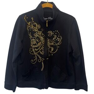 Oncque Casual Black Embellish Zip Jacket‎ Rhinestone Gold Swirls Women Petite L